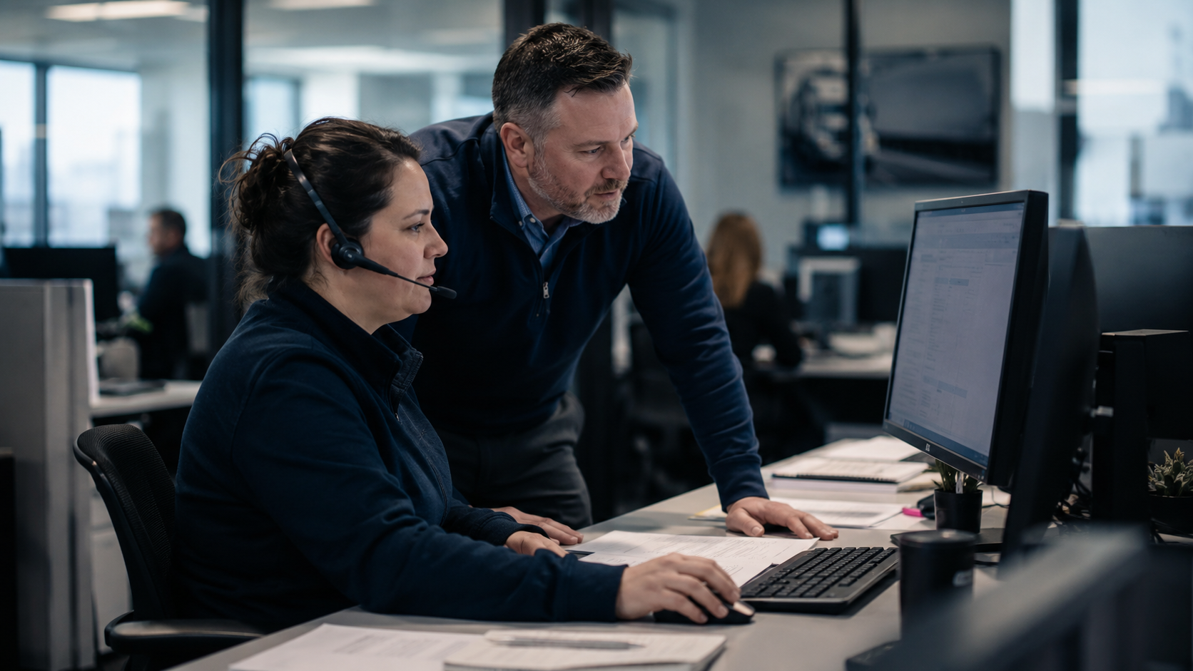 Freight operations teammates reviewing a workflow at a desk
